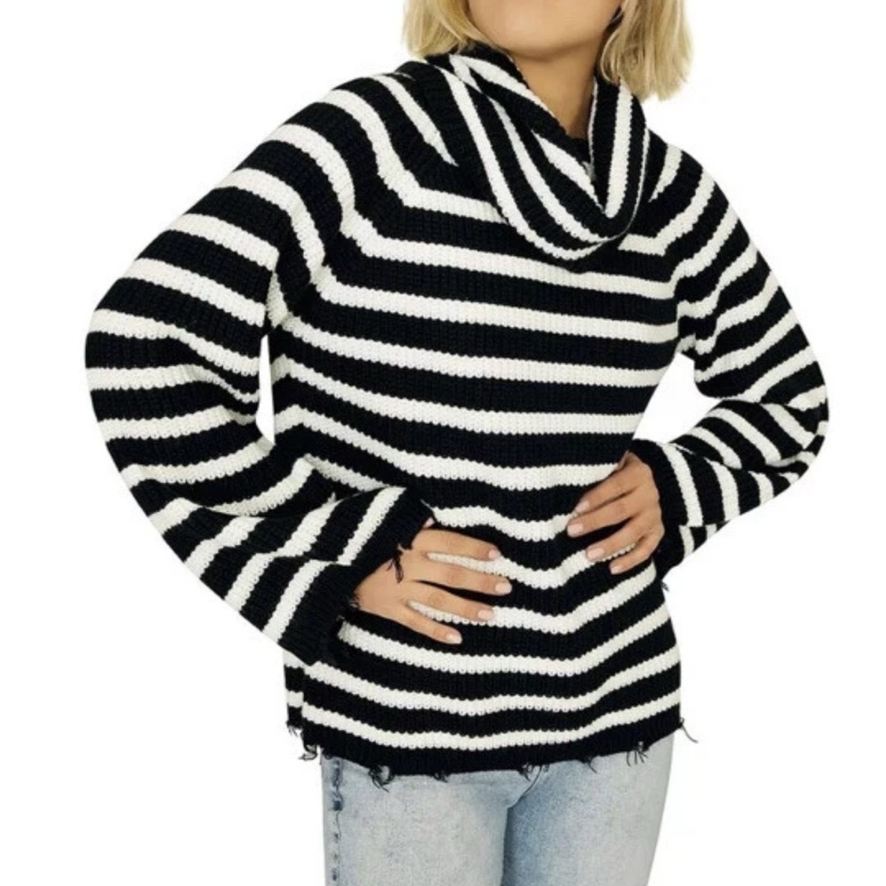 Sanctuary Womens Black White Stripe Jagger Cowl-Neck Sweater Medium 271